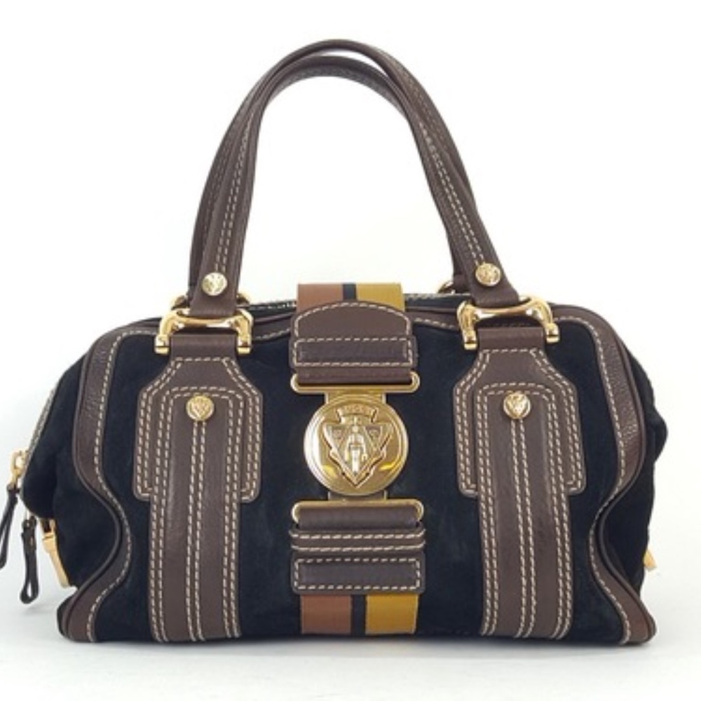 Gucci Aviatrix Boston Black Suede Brown Leather Satchel Bag Handbag - Picture 1 of 10
